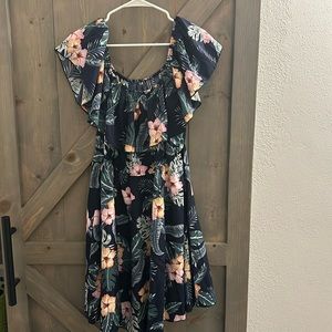 Tropical print off shoulder dress